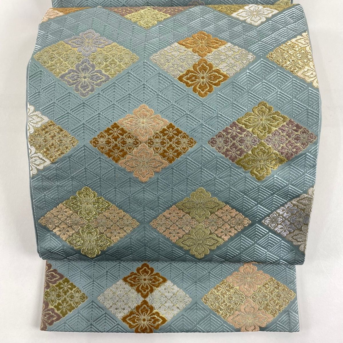 袋帯 秀品 花菱 青海波 箔 金糸 水色 六通 正絹