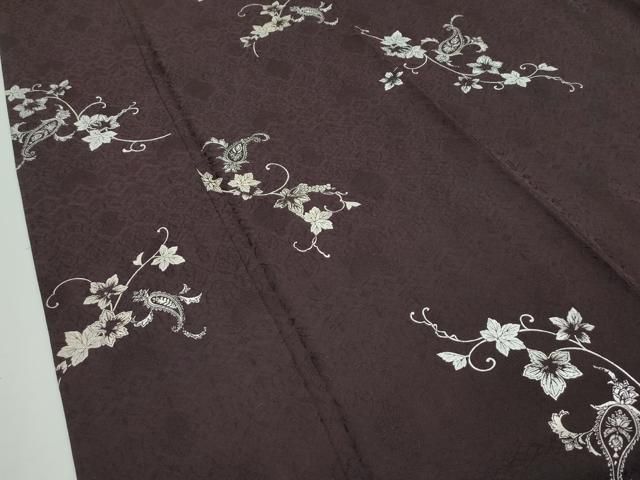 平和屋本店□極上 小紋 ペイズリー更紗葡萄蔦の葉文 銀彩 黒鳶色地