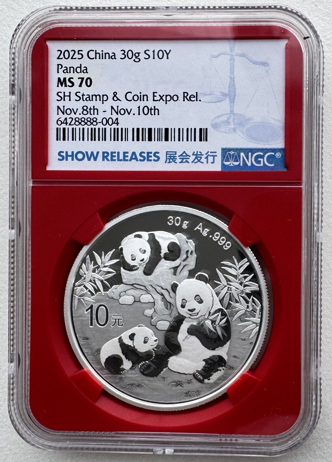 NGC MS70 China 2025 Panda Silver Coin 30g Panda Coin 10 Yuan SH Stamp Lable B
