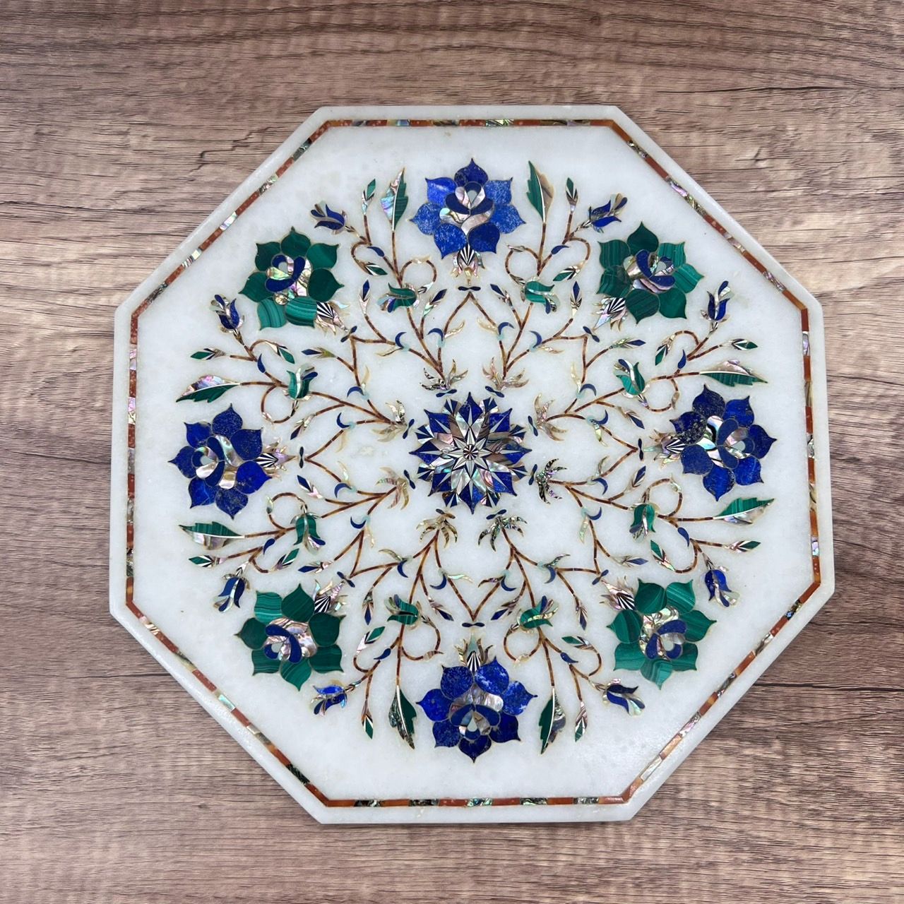大理石 プレート 象嵌細工 25.5㎝×25.5㎝ 八角形プレート インド工芸