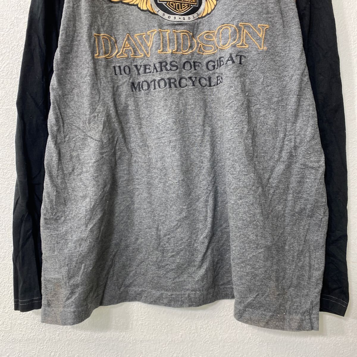 HARLEY-DAVIDSON 110周年記念 ロンt XL HARLEY-DAVIDSON 長袖 刺繍 ロゴTシャツ XL ブラック グレー
