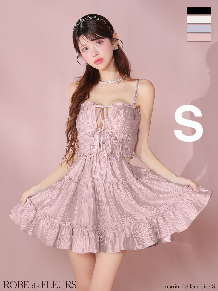 ピンク S fm3377 FM3377 ROBE de FLEURS|ローブドフルール シャーリング| サテン| リボン| ウエストスリット| フ | ミニドレス| キャバドレス| ナイトドレス| ワンピース
