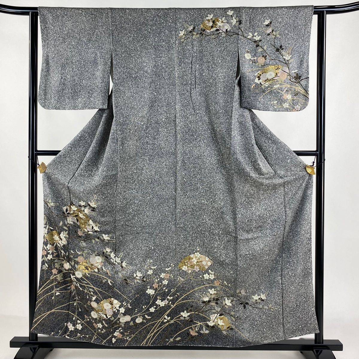 訪問着 身丈158cm 裄丈62cm S 袷 扇面 桜 金彩 灰色 正絹 秀品