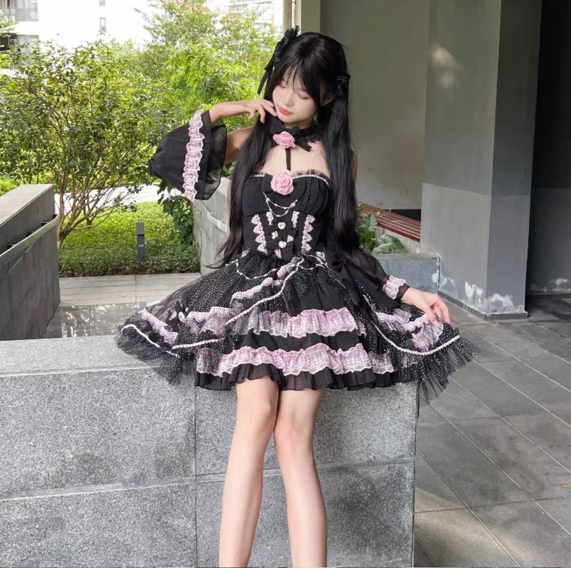黒 ピンク 天使系ロリータ ワンピース ドレス フリル 高低差スカート 黒 ピンク 天使系ロリータ ワンピース ドレス フリル 高低差スカート