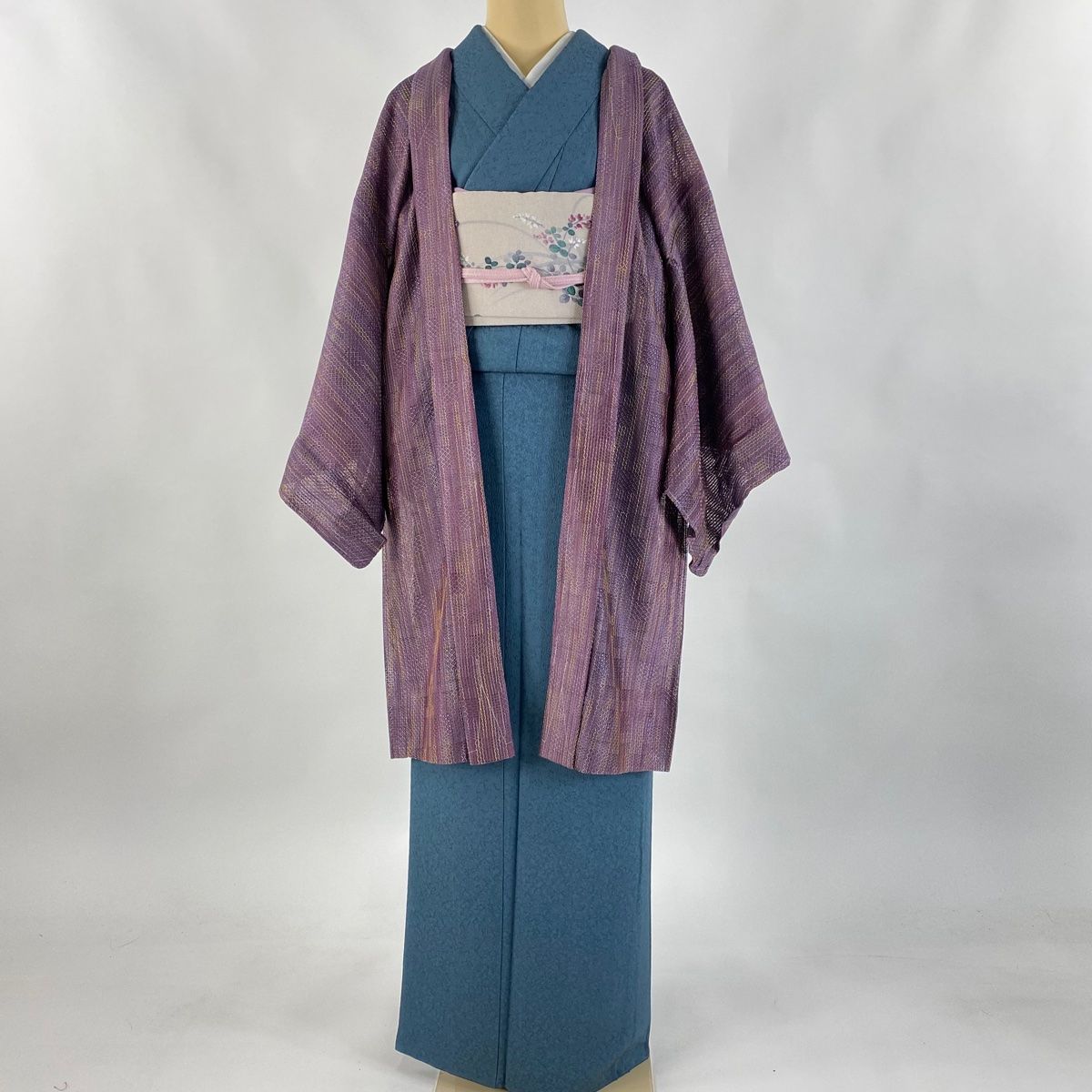 羽織 身丈93.5cm 裄丈67cm M 縞 幾何学模様 紫 正絹 秀品