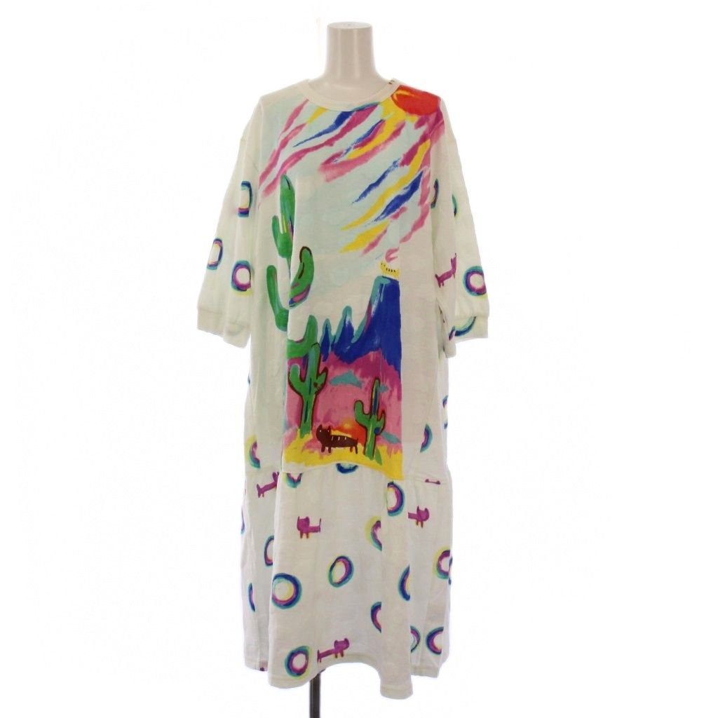 ツモリチサト TSUMORI CHISATO SLEEP ナイトウェア ワンピース ミモレ ロング 七分袖 クルーネック ストレッチ 総柄 L 白 ホワイト マルチカラー UNX540 |BB