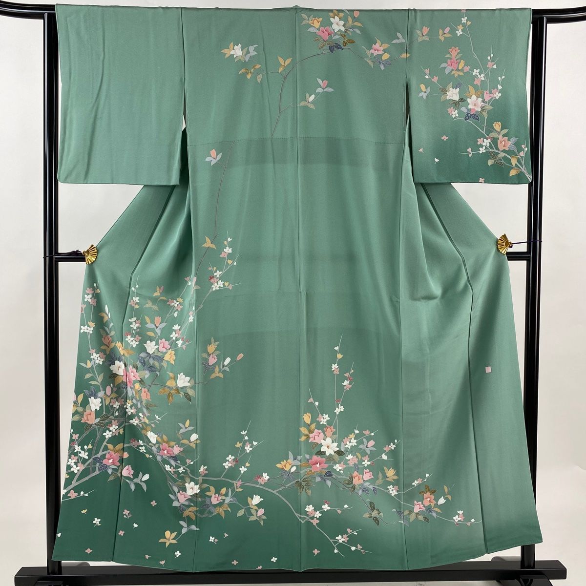 訪問着 身丈155cm 裄丈63cm S 袷 落款 枝花 裾ぼかし 薄緑 正絹