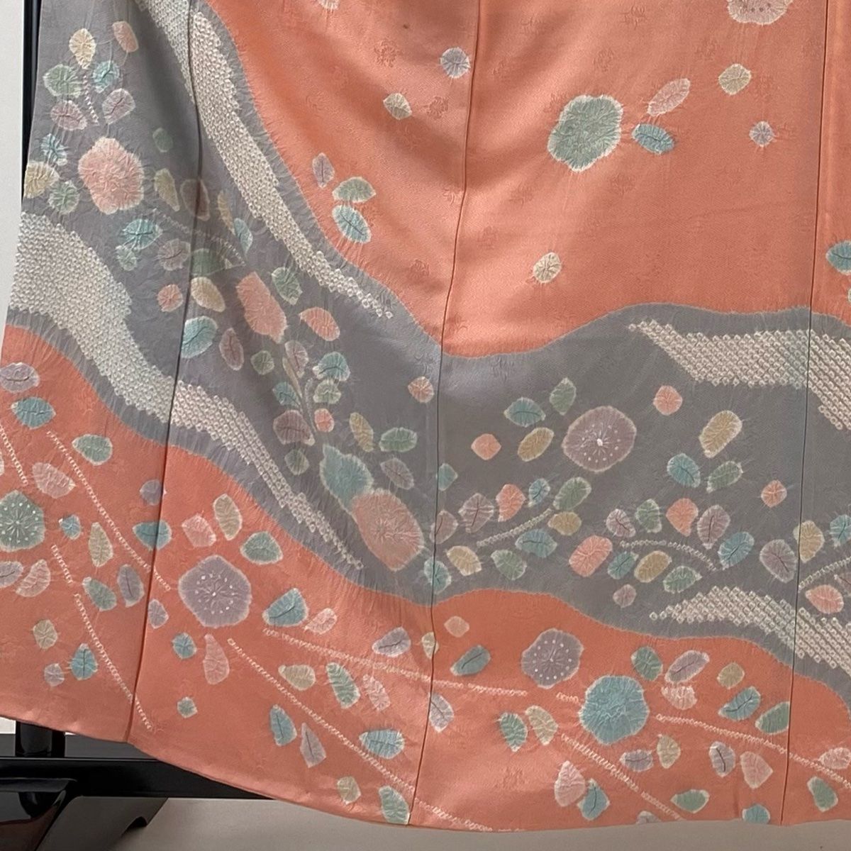 訪問着 身丈162.5cm 裄丈66cm M 袷 梅 霞 絞り 金彩 サーモンピンク 正絹 秀品