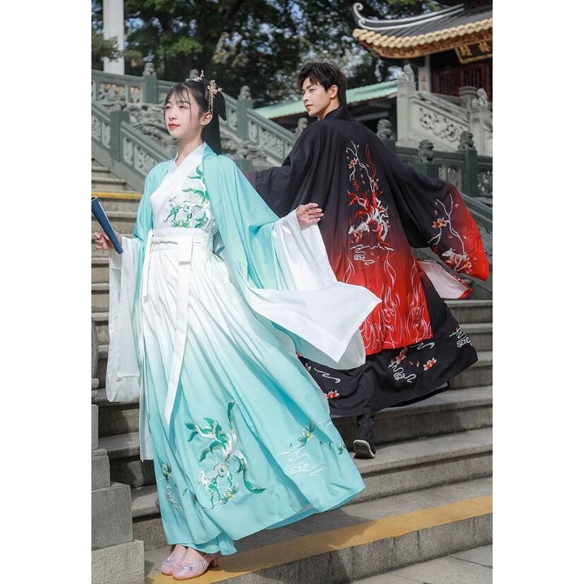 上質 漢服 唐装 メンズ レディース 男女兼用 中華服 中国古代服装 グラデーション エスニック 狐 キツネ 刺繍 交差襟 中華服 上下2点セット 振袖 BJ0903ML26