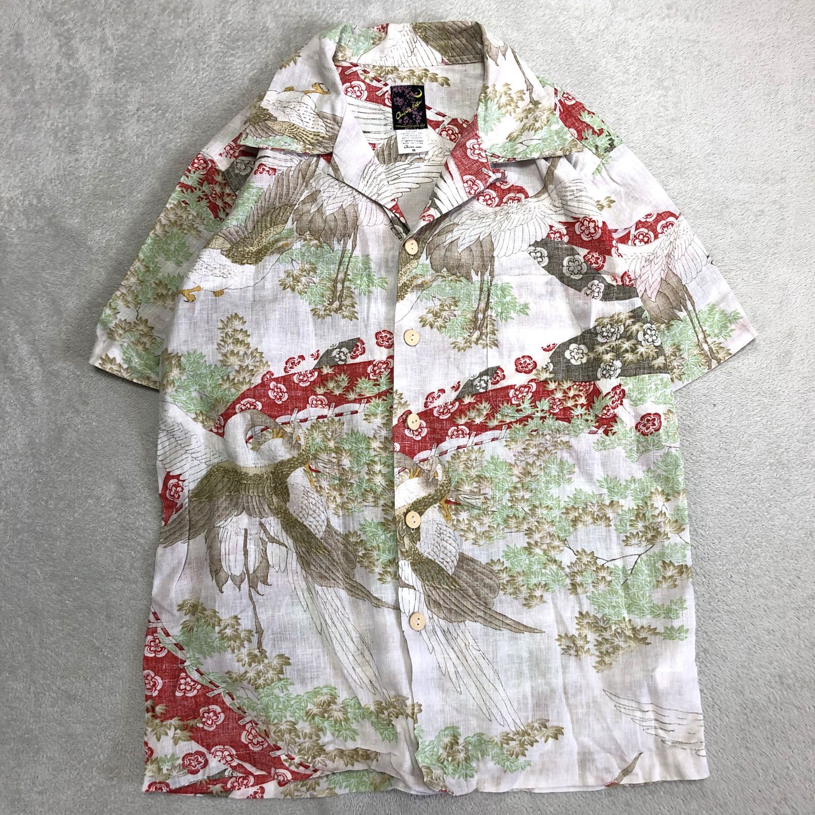 ONIWASOTO オニワソト レーヨン　アロハシャツ 和柄　鶴　日の出　松　M ONIWASOTO オニワソト レーヨン アロハシャツ 和柄 鶴 日の出 松