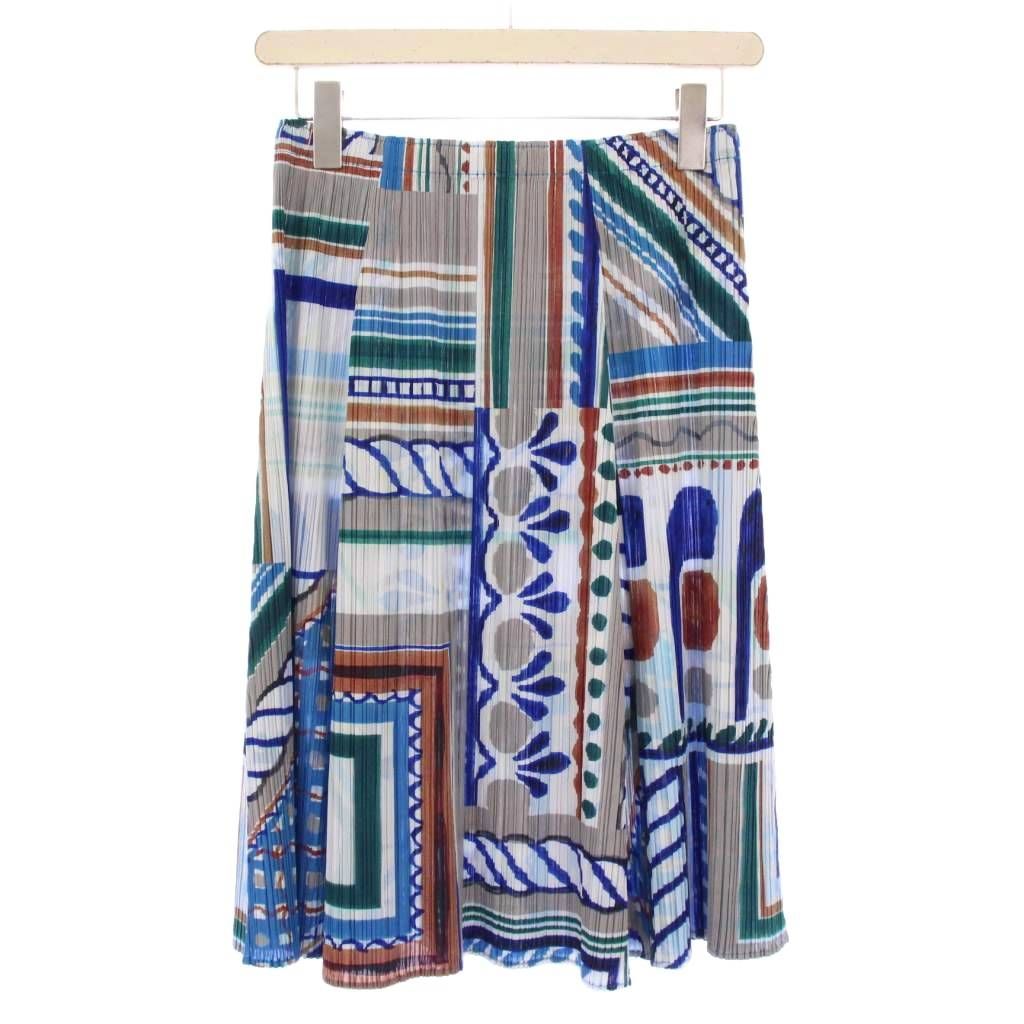 プリーツプリーズ PLEATS PLEASE イッセイミヤケ フ スカート イージー ひざ丈 ウエストゴム 総柄 4 青 マルチカラー |BB