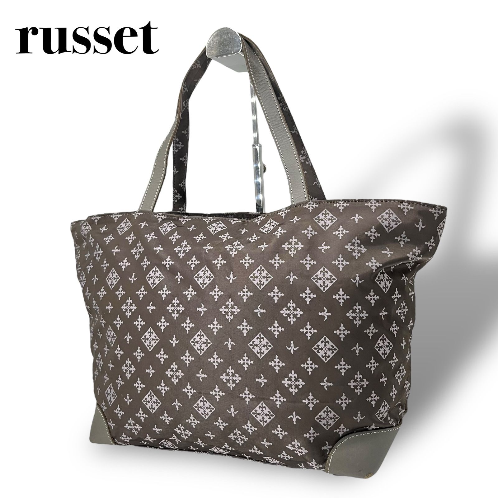 russet ラシット トートバッグ ジャガード グレー ダークブラウン レディース ナイロン レザー 肩掛け A4収納 総柄 5080