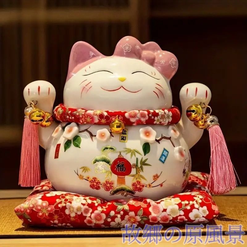 招き猫 猫 貯金箱 置物 オブジェ ピンク レッド 桃の花 鈴 開運 金運 財運 風水 座布団 贈り物 ギフト インテリア オフィス リビング