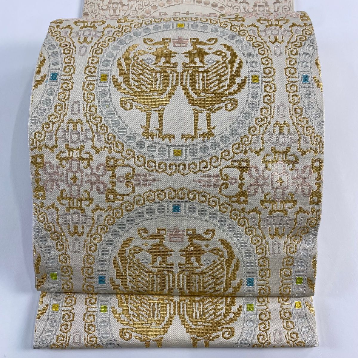 O0574 美品 逸品 希少 龍村平蔵 謹製 正絹 本袋帯 袋帯 逸品 龍村平蔵 落款 本袋 正倉吉鳳文 金糸 箔 クリーム 六