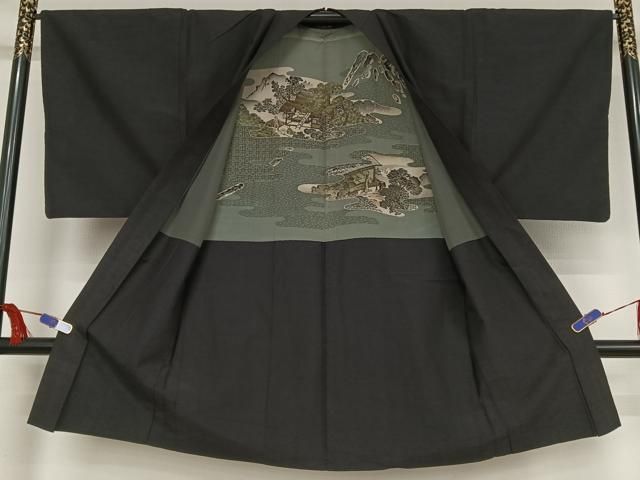 平和屋着物○男性 紬 アンサンブル 色無地 濡羽色 正絹 逸品
