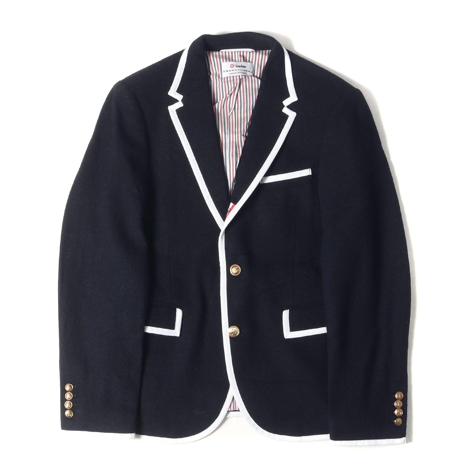 THOM BROWNE トムブラウン ジャケット サイズ:S Neiman Marcus トリコロールライニング パイピング 金ボタン 段返り3B ウール ブレザー ジャケット / テーラード ネイビー 紺 アウター 上着【メンズ】