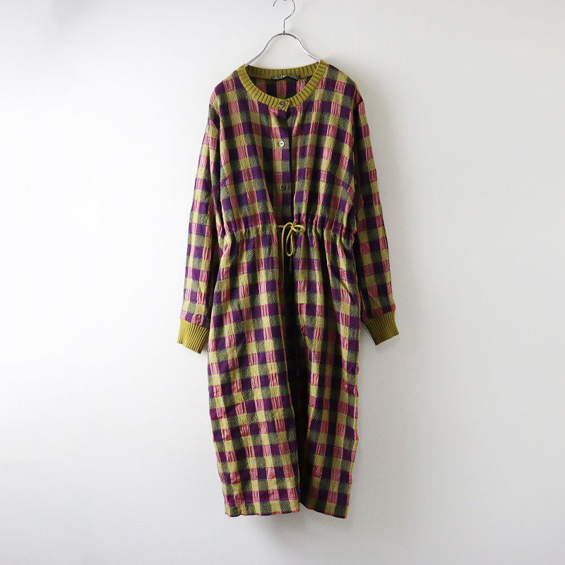 ♥ 定価6.4万 エムアンドキョウコ M.-KYOKO チェックジャガードストリングワンピース 1 カーキ ドレス 佐藤繊維 2400014606690