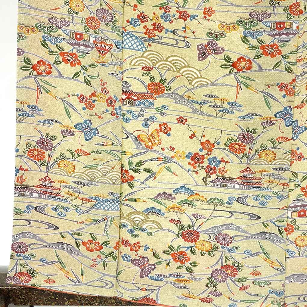 小紋 身丈162cm 裄64cm 前幅24.5cm 後幅28.5cm 袖丈49cm 袖幅32cm レディース 袷 紅型調 裄Mサイズ 秋冬春用 正絹 シルク グリーン リメイク リユース リサイクル 呉服のきくや