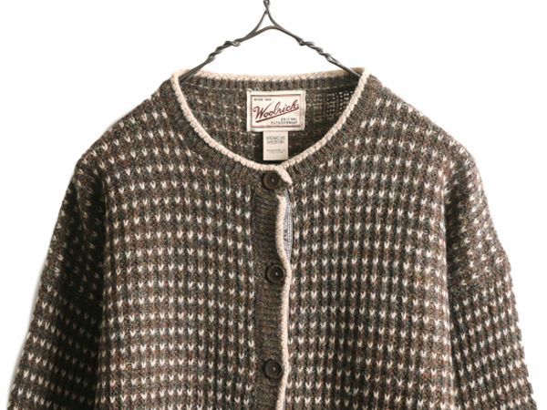 WOOLRICH - 90s ウールリッチ バーズアイ 総柄 ウール ニット カーディガン レディース L 90年代 オールド Woolrich セーター ハンドフレーム  前開き WOOLRICH - 90s ウールリッチ バーズアイ ウール ニット