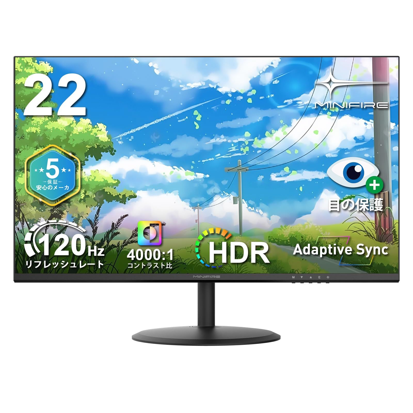Minifire モニター 21.5インチ pcモニター 120Hz フルhd 非光沢 液晶ディスプレイ Adaptive Sync VESA対応 フレームレス HDMI*2 ブルーライト軽減 チルト調節可 ビジネス用 五年 HDMIケーブル付-MF22