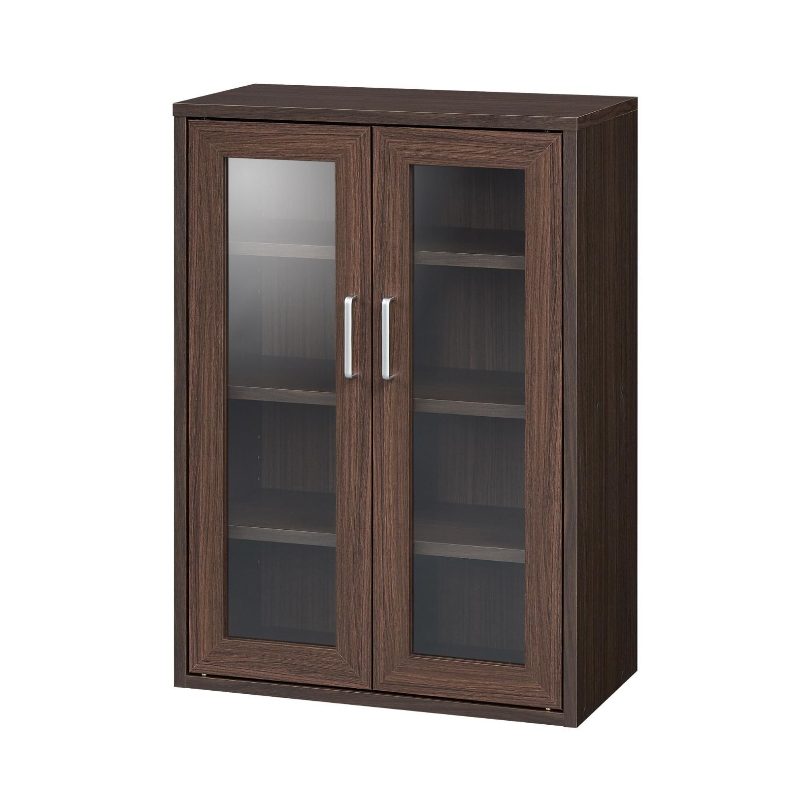 キッチン収納 ガラスキャビネット 同シリーズで組み合わせ自由自在 一人暮らしの部屋や狭いスペースにぴったりサイズ カップボード ダークブラウン 木目柄 キャビネット ベーシックデザイン 幅56.6×奥行29.5×高さ80cm 白井産業 FUL-8055GDK