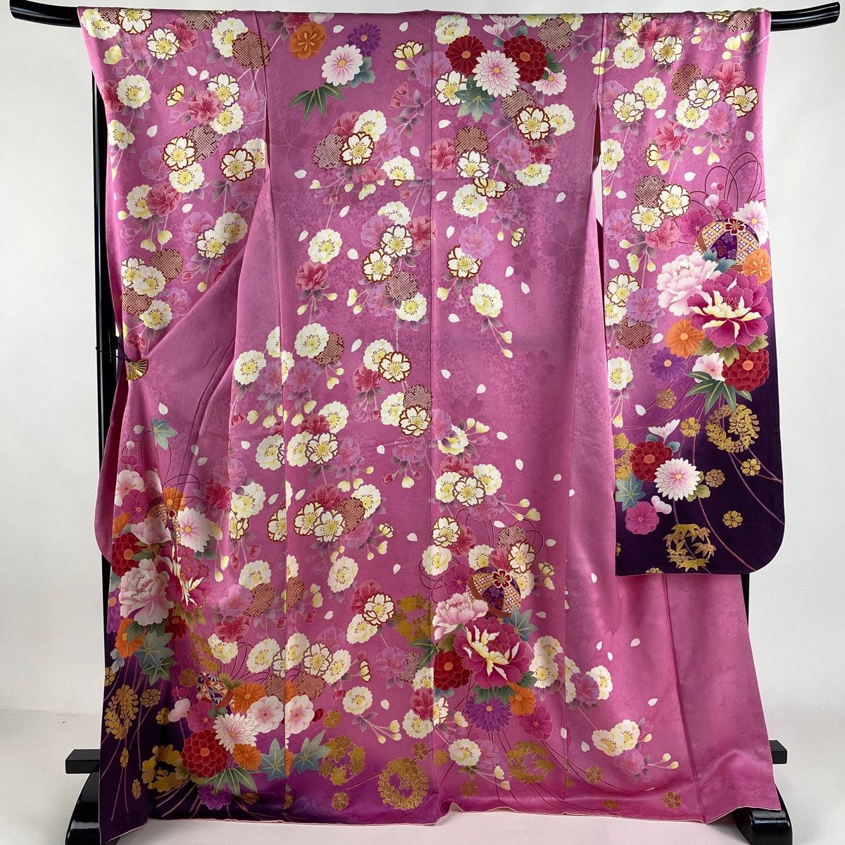 振袖 身長159-174cm 青　牡丹　菊　桜　亀甲紋　手毬　流水紋　正絹 振袖 身長159-174cm 青 牡丹 菊 桜 亀甲紋 手毬 流水紋 正絹