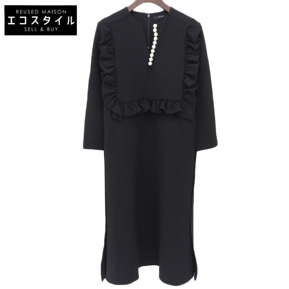 YOKOCHAN ヨーコチャン ロングスリーブ フリルトリム パールドレス ワンピース レディース ブラック 36 YCD-323-896 23年製 36