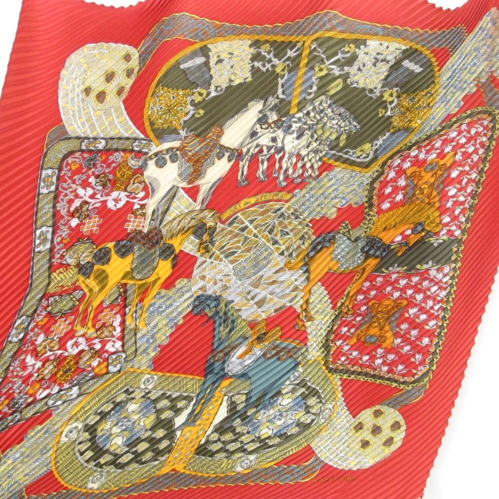 HERMES エルメス art des steppes ステップ美術 シルク ホース柄 プリーツ カレ スカーフ レッド レディース 古着