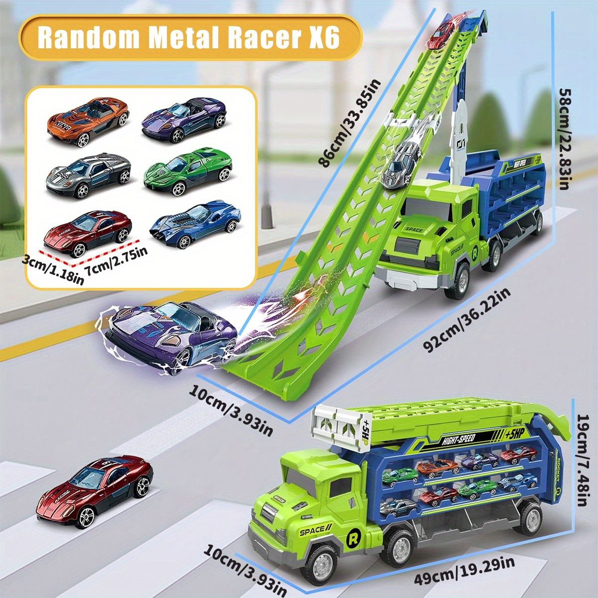 グリーンロケットカーキャリアートラック、折りたたみ式発射台、6台の合金ダイキャストレースカー付き - 摩擦式おもちゃトランスポーター車両セット、サイドストレージトロリー付き、3歳以上
