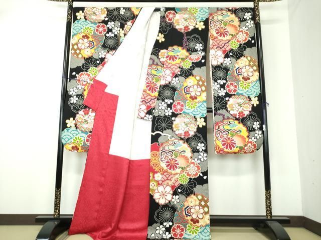 平和屋着物○豪華振袖 駒刺繍 雪輪吉祥花文 黒地 金彩 正絹 逸品  