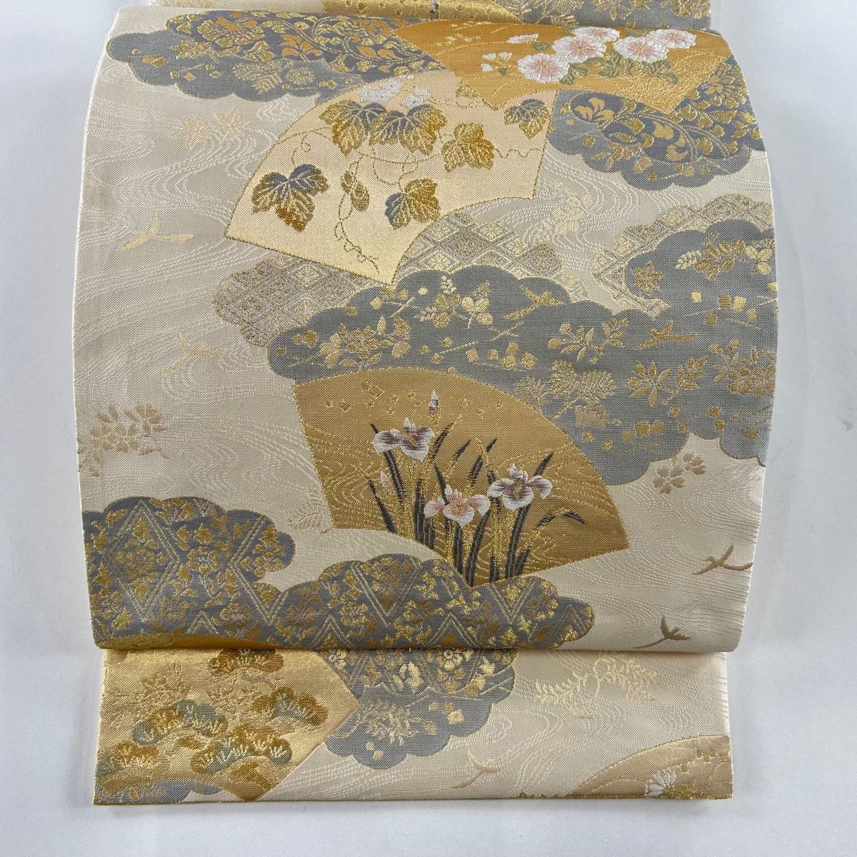 袋帯 秀品 夏帯 紗 桔梗 ススキ 金糸 箔 紫 六通 正絹 【中古】（袋帯  