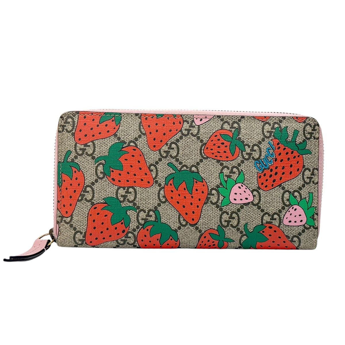 GUCCI GGスプリーム ストロベリープリント ジップアラウンドウォレット  