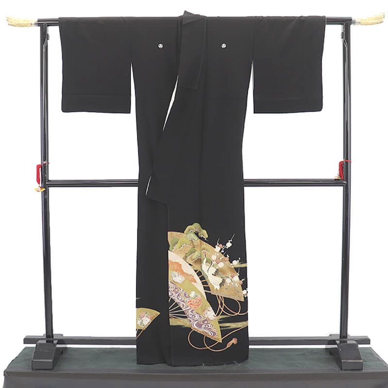黒留袖 販売 単品 礼装 着物 和装 フォーマル 正絹 黒 丸に三つ柏 扇文 鶴 身丈166cm 裄丈65.5cm 結婚式 母親 Ｍ~Ｌサイズ相当 リサイクル着物 リユース着物 着物 送料無料 即日発送