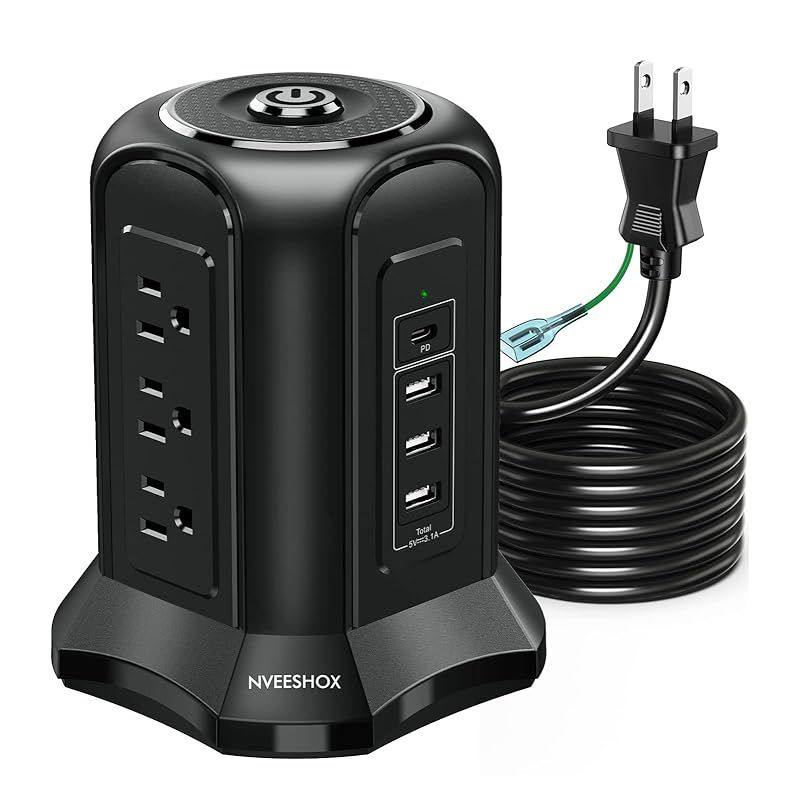 NVEESHOX 電源タップ タワー型 usb コンセント Type-C付 延長コード 5m 雷ガード 9個AC口 4個USBポート テーブルタップ OAタップ たこあしコンセント 過負荷保護 安全保護機能 自宅用 会社用 1年間品