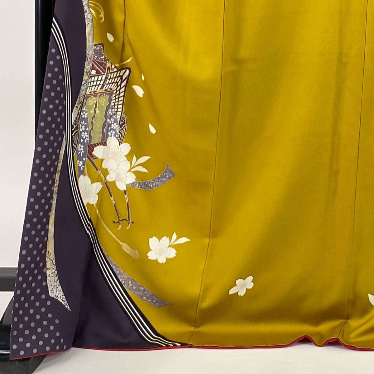 振袖 身丈174cm 裄丈69.5cm L 袷 御所車 桜 金銀彩 からし色 正絹 秀品