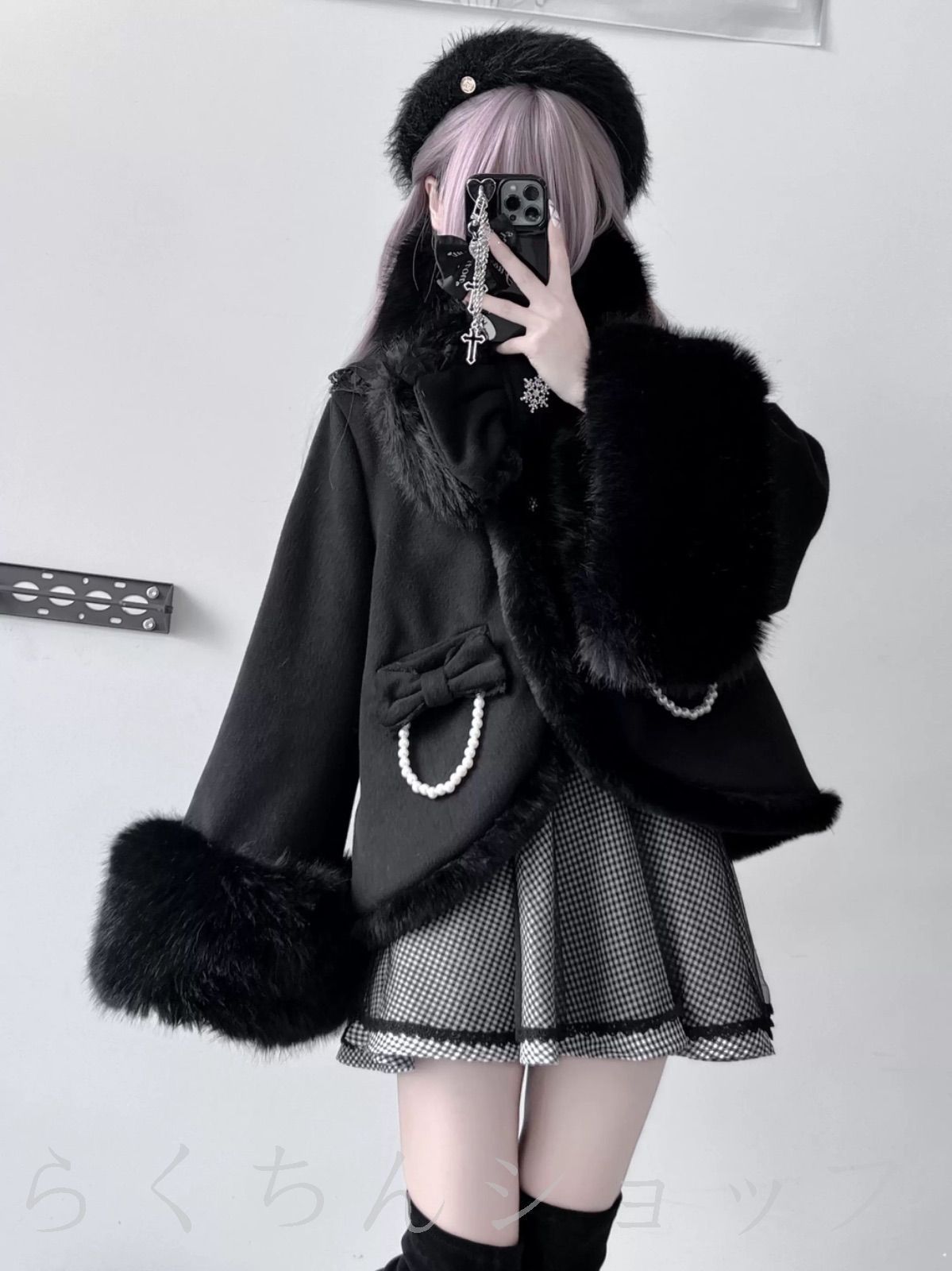 黒雪の結晶??リボン ふわふわ ファー コート リボン ポンチョ カーディガン サブカル 服 ロリィタ 長袖 地雷系 量産型 ゴスロ