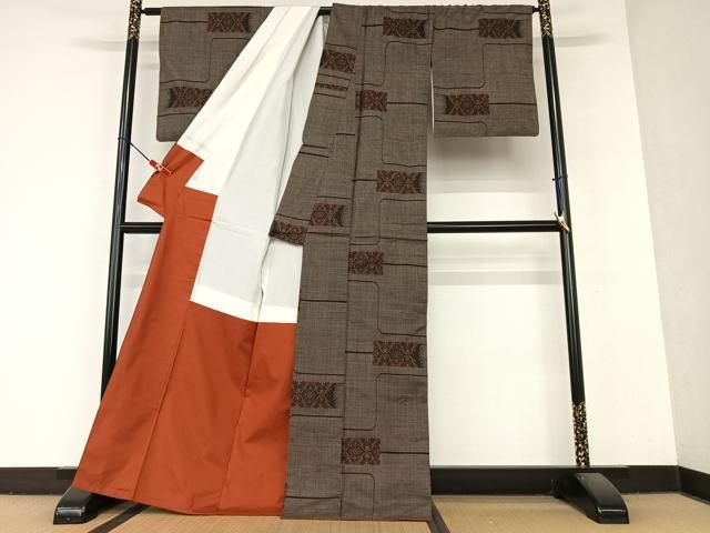 平和屋着物○本場大島紬 7マルキ 泥染め 短冊吉祥花文 正絹 逸品