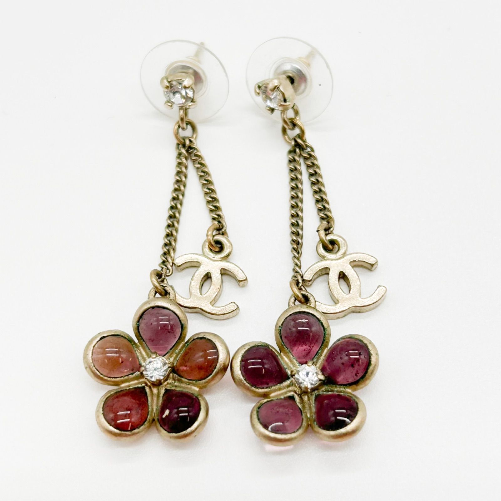 CHANEL シャネル ピアス フラワー ココマーク スイング カラーストーン ソフトゴールド パープル 07A アクセサリー レディース