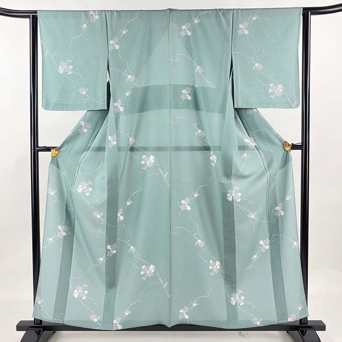 小紋 身丈156cm 裄丈63cm S 薄物 絽 瓢箪 草花 薄緑 正絹 美品 名品  