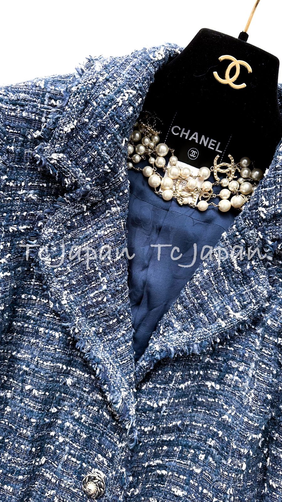 シャネル ジャケット CHANEL ネイビー パール レザー CC ボタン ルサージュ ツイード 42