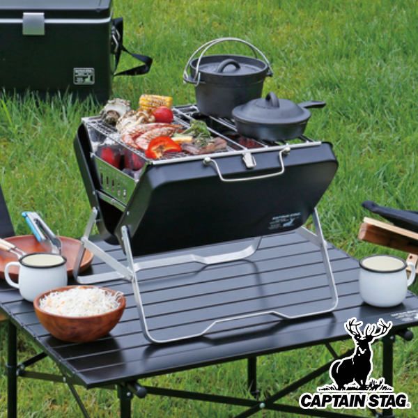 アウトドア コンロ グリル V型ファイアグリル ブラックラベル キャプテンスタッグ CAPTAIN STAG バーベキューコンロ BBQコンロ バーベキューグリル 卓上 小型 折りたたみ アミ付き 焚き火台 BBQグリル おしゃれ