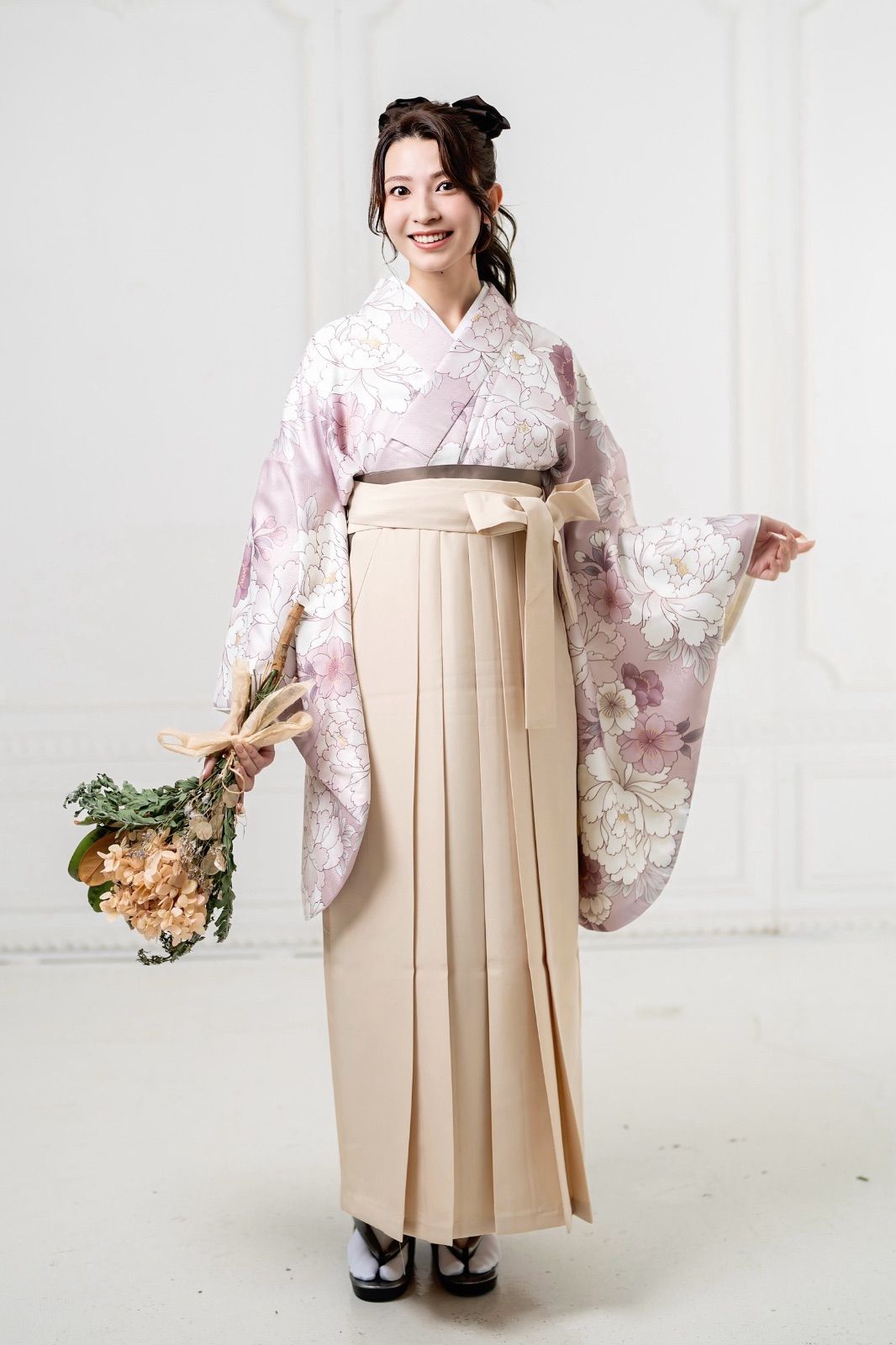 着物ジェンヌ 卒業式袴3点セット くすみピンク 牡丹 桜 二尺袖 着物 