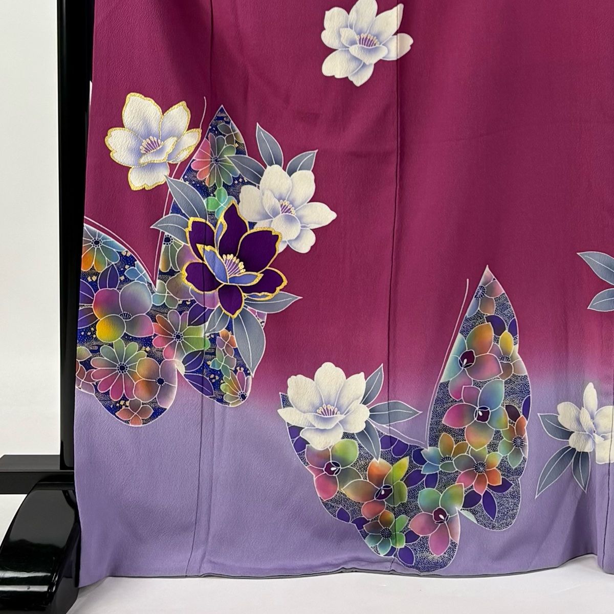 振袖 名品 やまと 枝垂桜 蝶 金銀彩 染分け 紫「H096」 振袖 身丈168.5cm 裄丈70cm L 袷 草花 蝶 金銀彩 ぼかし 赤紫