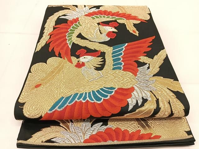 平和屋着物◎六通柄袋帯 鳳凰菊花文 黒地 金銀糸 正絹 逸品