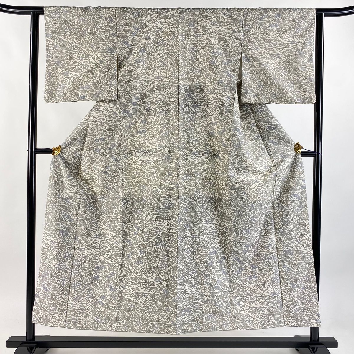 小紋 身丈152cm 裄丈61.5cm S 袷 紬地 草花 灰色 正絹 名品