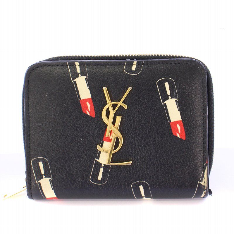 イヴサンローラン YVES SAINT LAURENT カサンドラ ロゴ リップ柄 二つ折り財布 コンパクトウォレット レザー ラウンドファスナー 総柄 黒 ブラック |BB