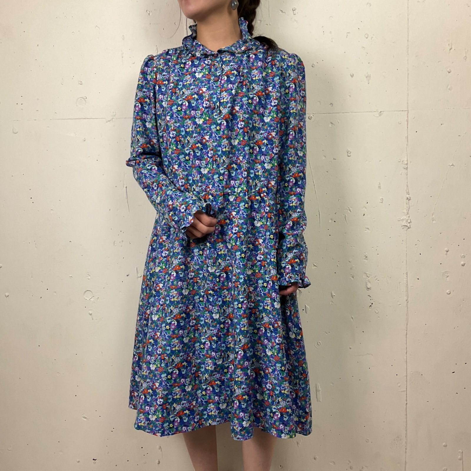 70年代 70s Hartsville フリル スタンドカラー 花柄 長袖 ワンピース 