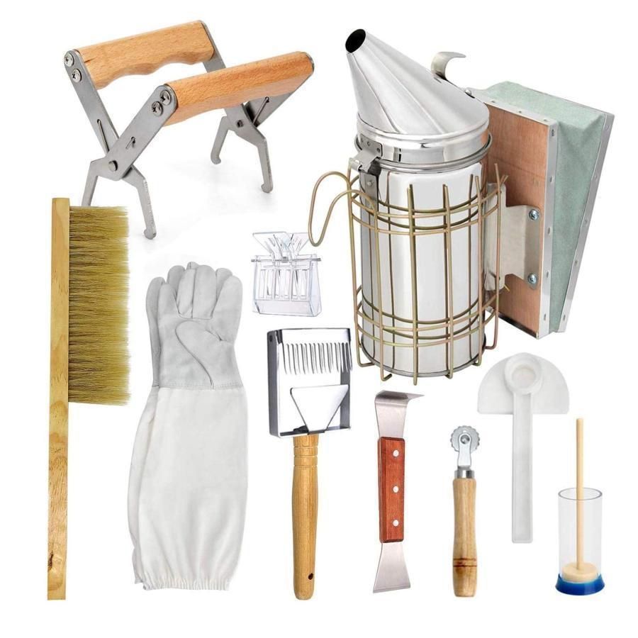 養蜂器具 養蜂ツールキット 巣箱 養蜂用ブラシ スクレーパー 燻煙き こし機 蜂蜜ナイフ クイーンキャッチャー 歯車埋線器 手袋付き ハイブ