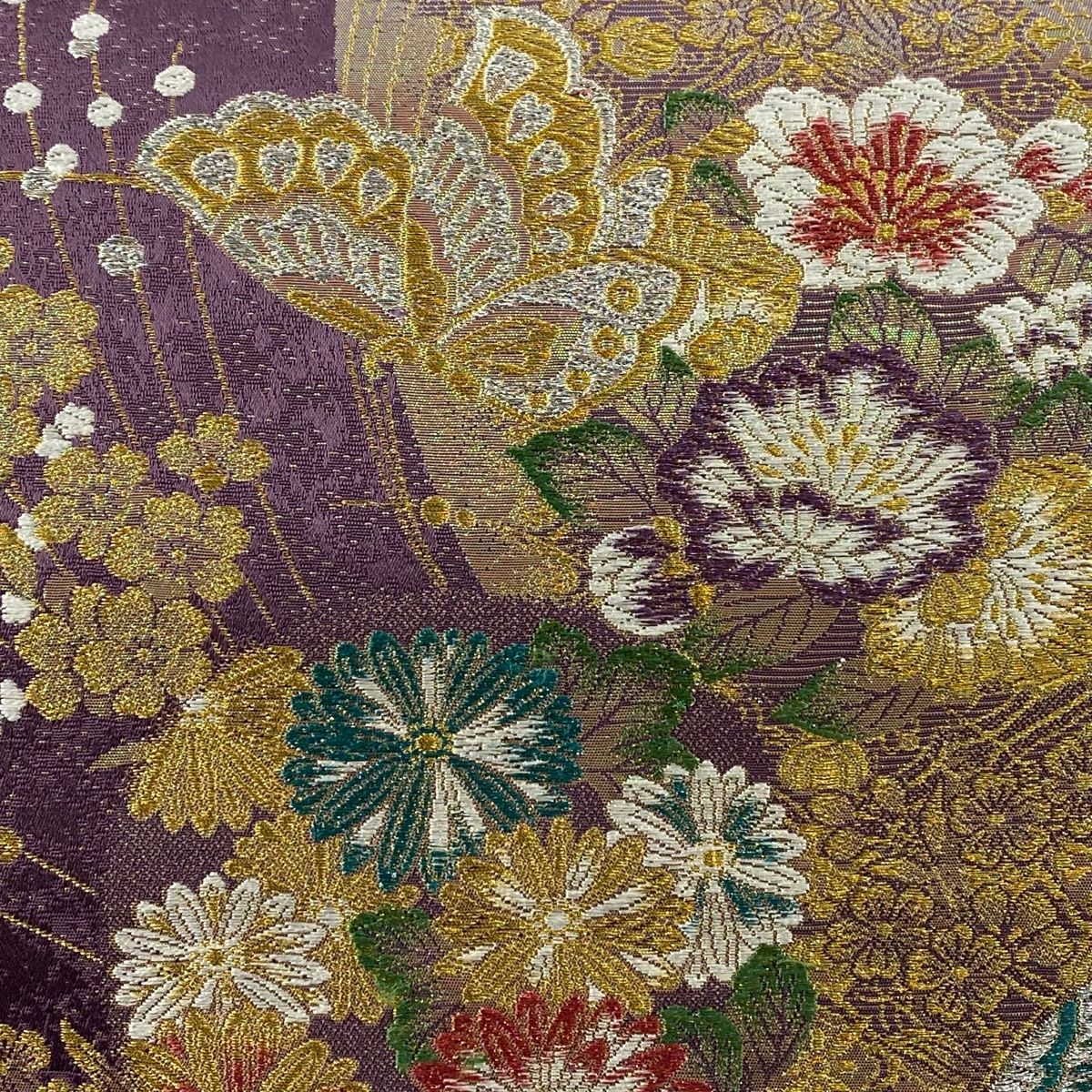 袋帯 美品 秀品 花丸文 草花 金銀糸 箔 灰緑 六通 正絹 【