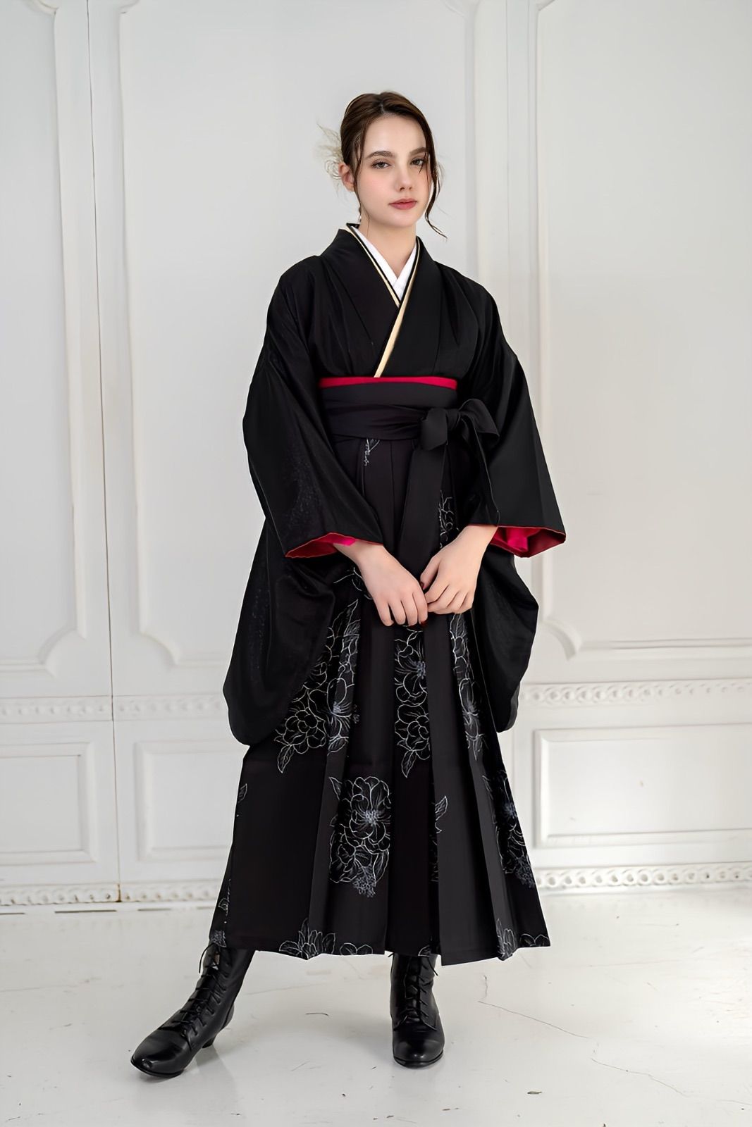 着物ジェンヌ 卒業式袴3点セット 黒 ジャガード織 二尺袖 着物 レディース袴 大学生 小学生 袴 袴セット